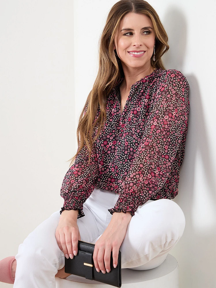 Long Sleeve Relaxed Fit V-Neck Blouse