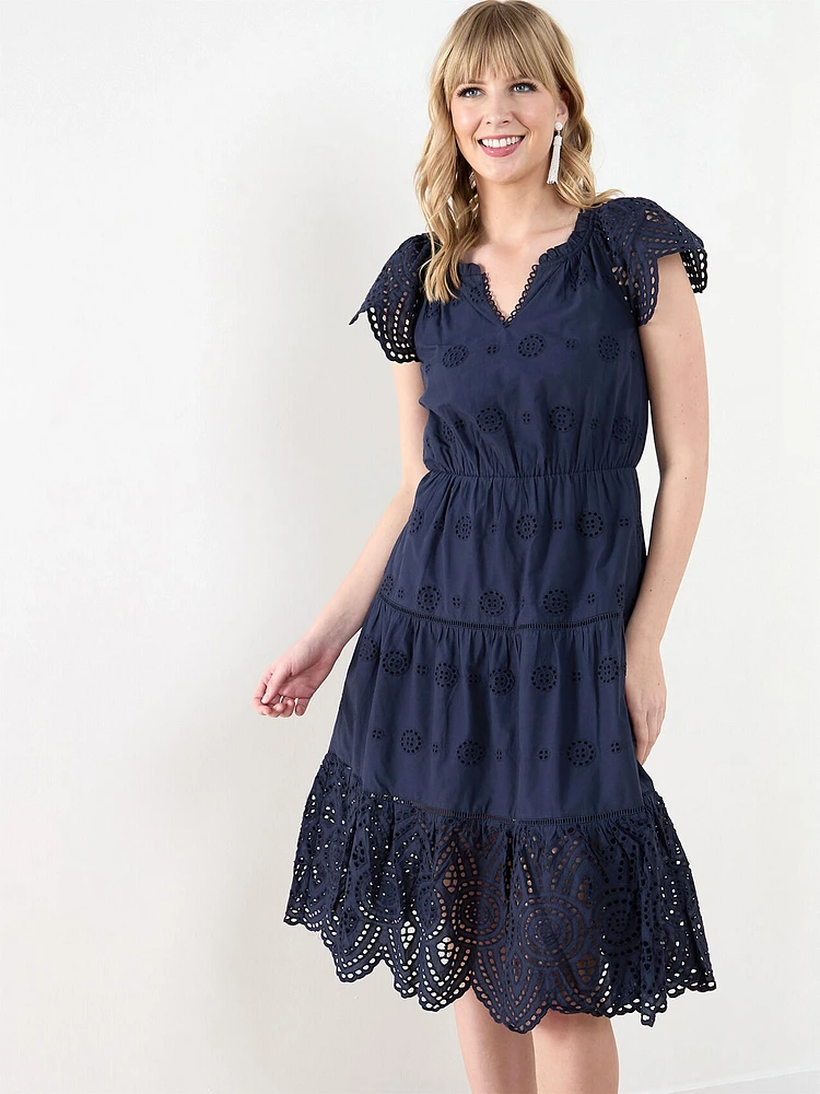 Short Sleeve Cotton Eyelet Midi Dress