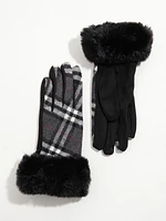 Faux Fur Trim Plaid Gloves