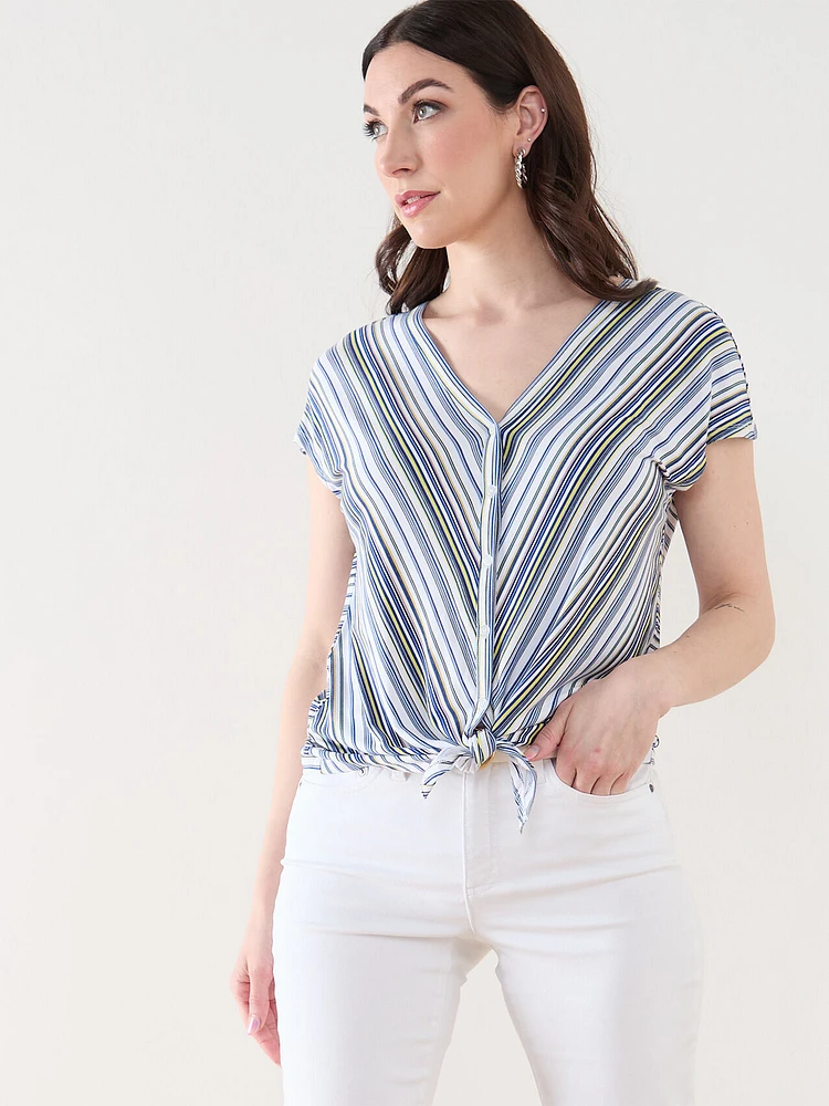 Short Sleeve V-Neck Tie Front Top