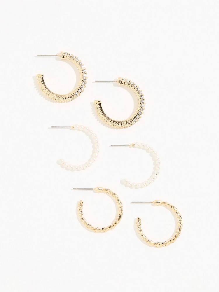 Gold/Pearl/Rhinestone Hoop Earring Trio