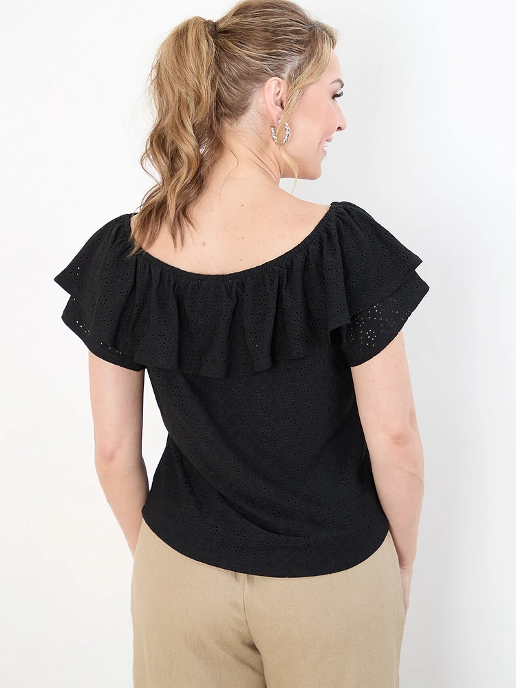 Petite Ruffle Eyelet On/Off Shoulder Top