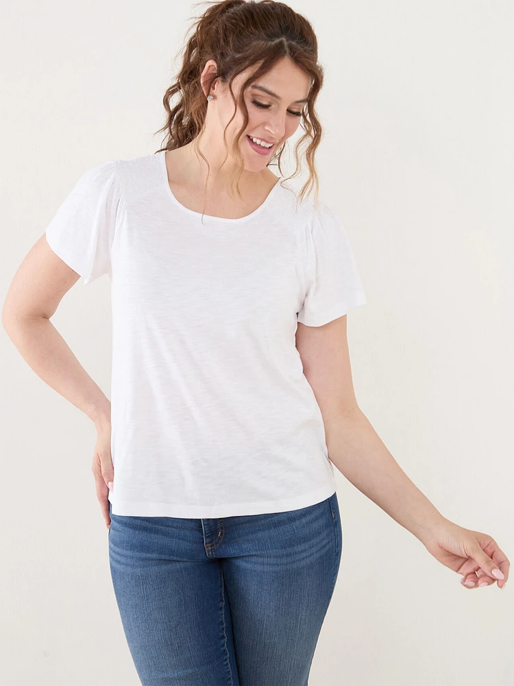 Ruched Peasant Tee with Flutter Sleeves