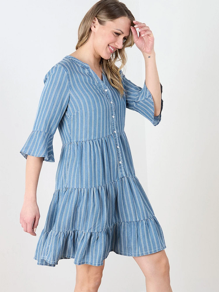 Flutter Sleeve Striped Tiered Dress