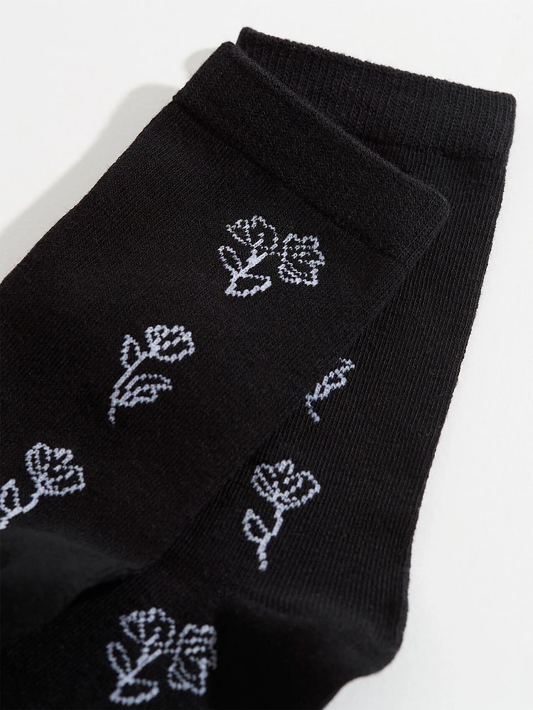 Black Flower Crew Sock