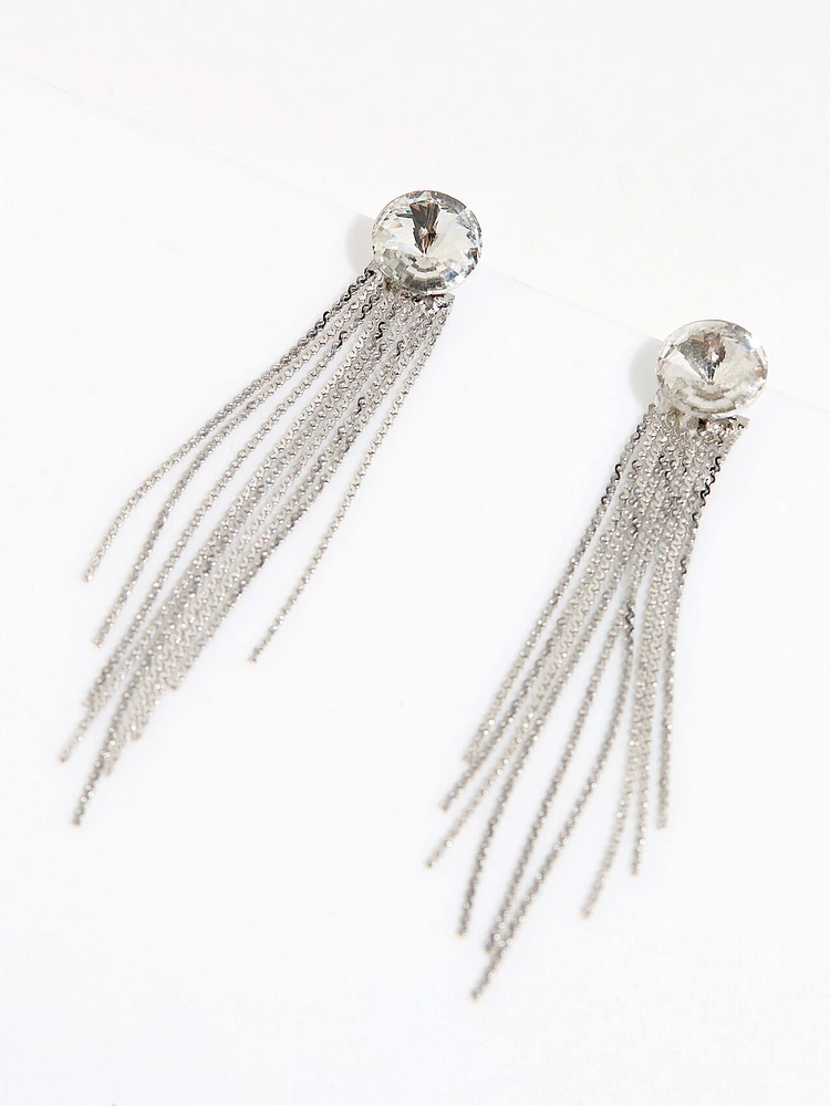 Crystal Stud Silver Tassel Earrings