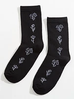 Black Flower Crew Sock