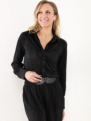 Plisse Button Front Blouse