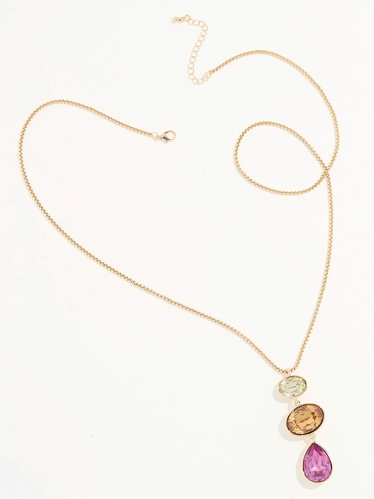 Long Gold Necklace with 3-Gem Pendant