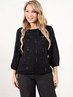 Petite 3/4 Sleeve Rhinestone Sweater