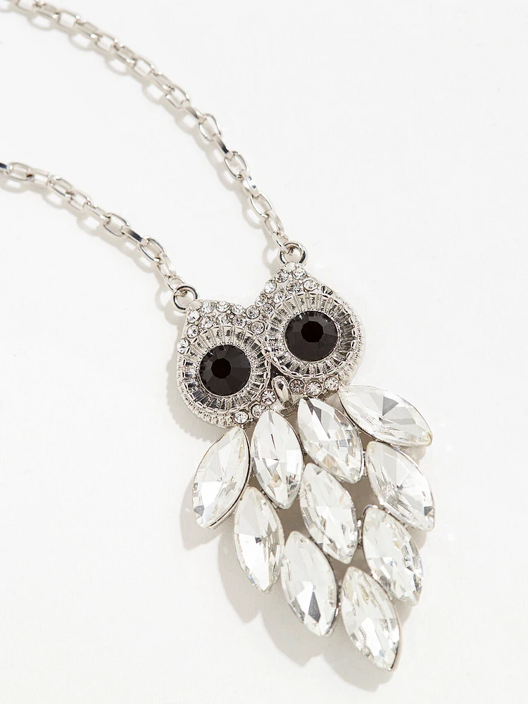 Owl Pendant Silver Long Necklace