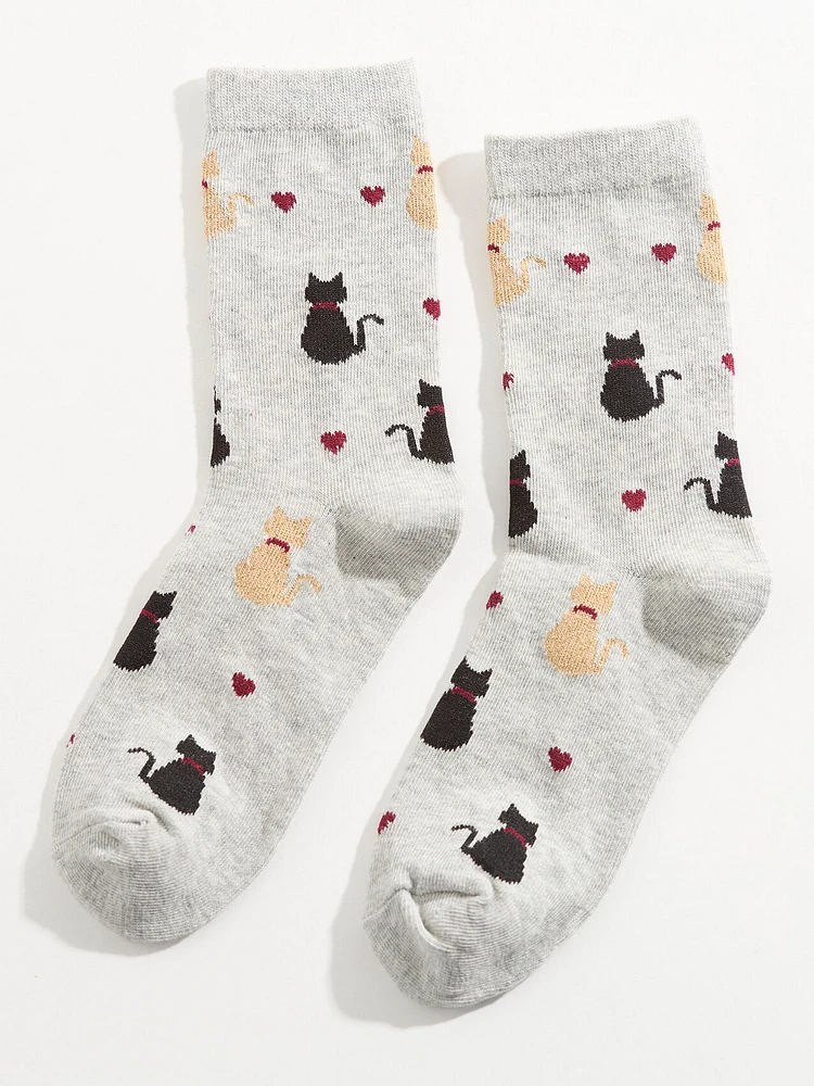 Cat and Heart Print Crew Sock