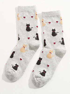 Cat and Heart Print Crew Sock