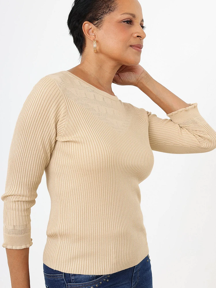 3/4 Sleeve Pointelle Knit Sweater