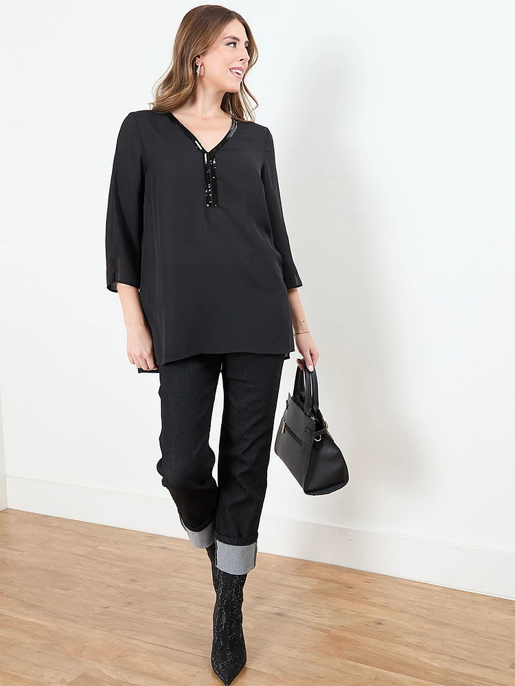 3/4 Sleeve Sequin Trim Tunic Blouse