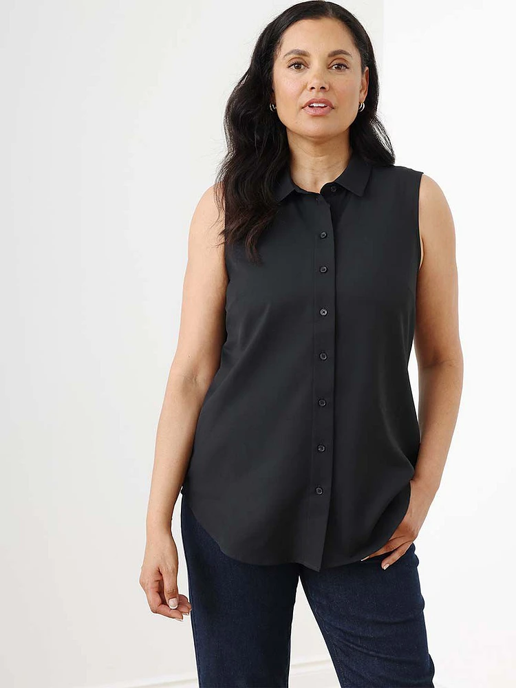 Sleeveless Collared Button Front Blouse Black