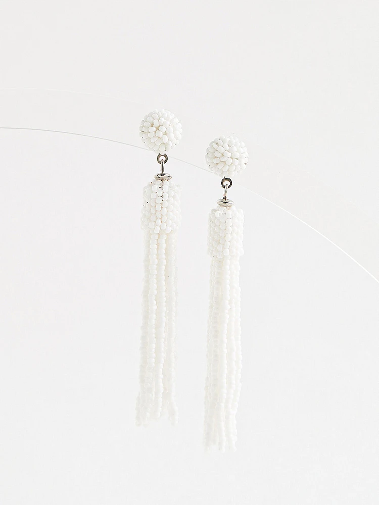 White Sea Bead Long Tassel Earrings