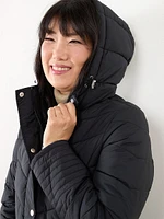 Faux Down Button Coat with Hood