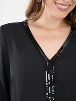 3/4 Sleeve Sequin Trim Tunic Blouse