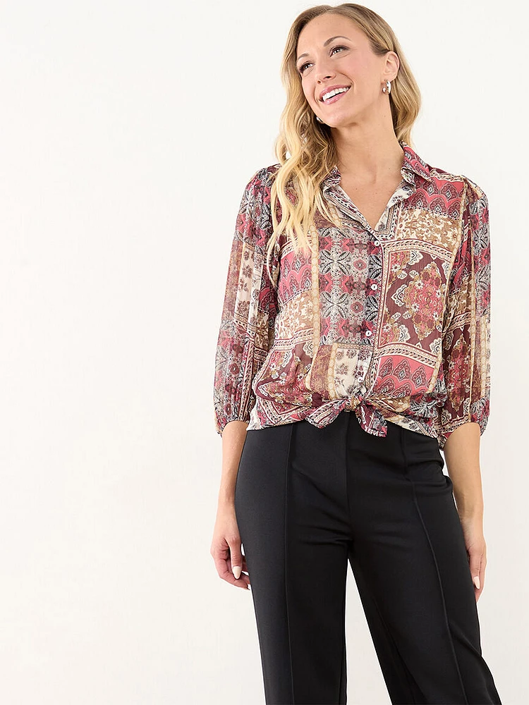 3/4 Sleeve Button Front Chiffon Blouse