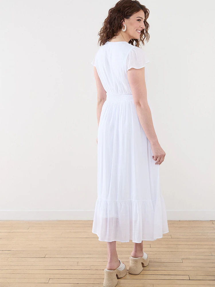 Gauze Midi Dress with Smocked Waist