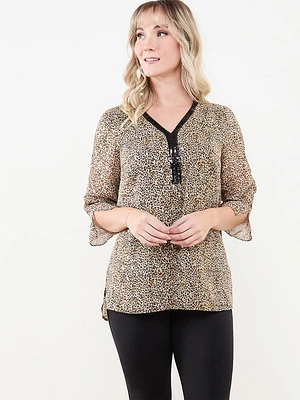 Petite 3/4 Sleeve Sequin Trim Tunic Blouse