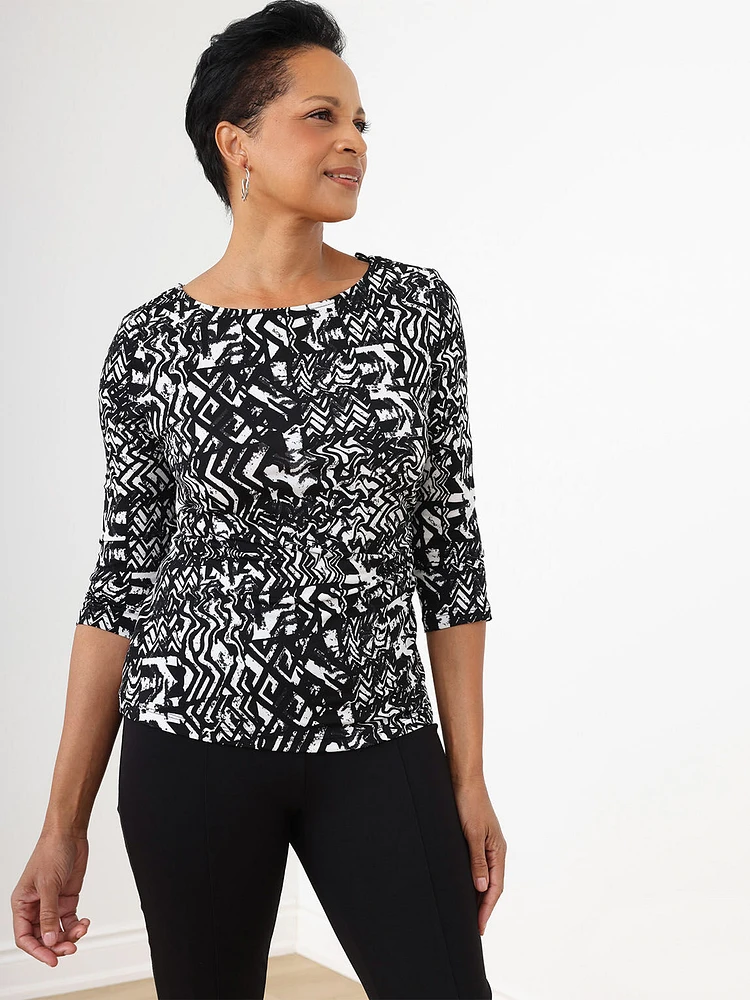 3/4 Sleeve Boat Neck Side-Ruche Top