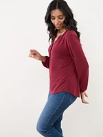 Petite Long Sleeve Relaxed Y-Neck Knit Top