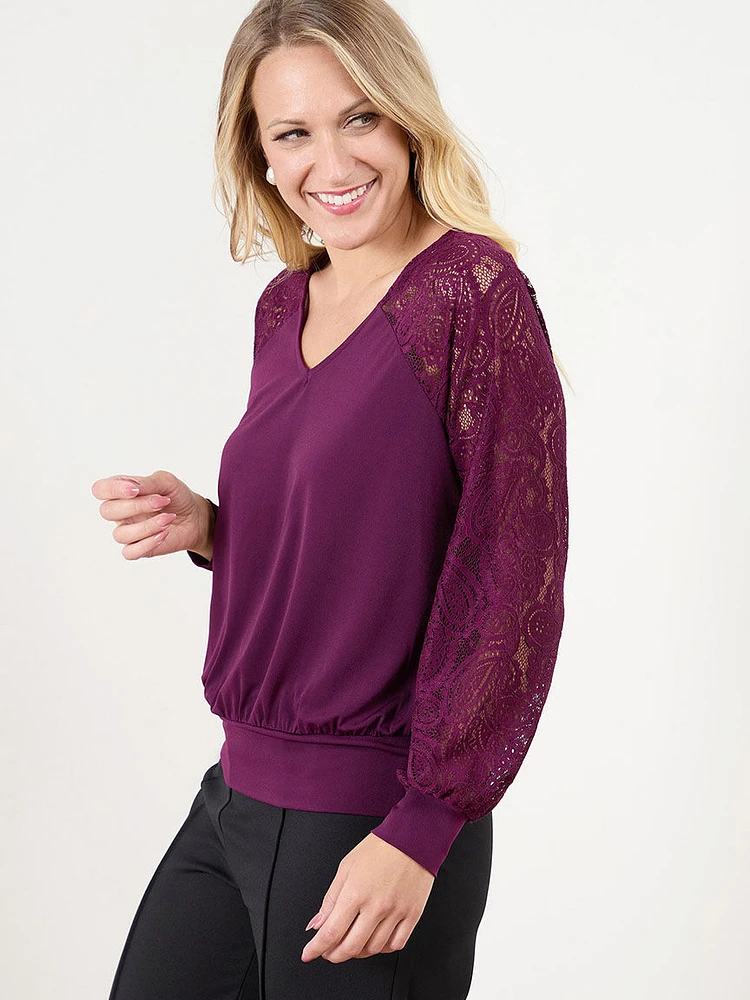 Lace Sleeve V-Neck Top