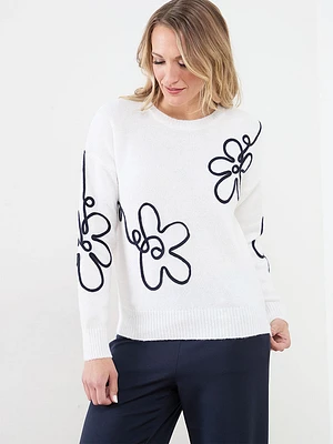 Knit Pullover Sweater with Flower Applique