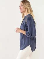 V-Neck Button Front Tunic Blouse