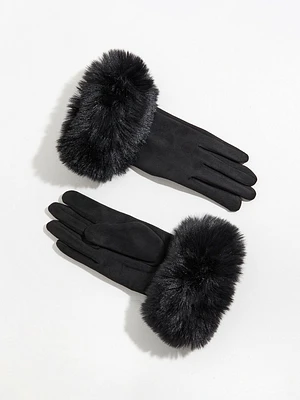 Faux Fur Trim Black Gloves