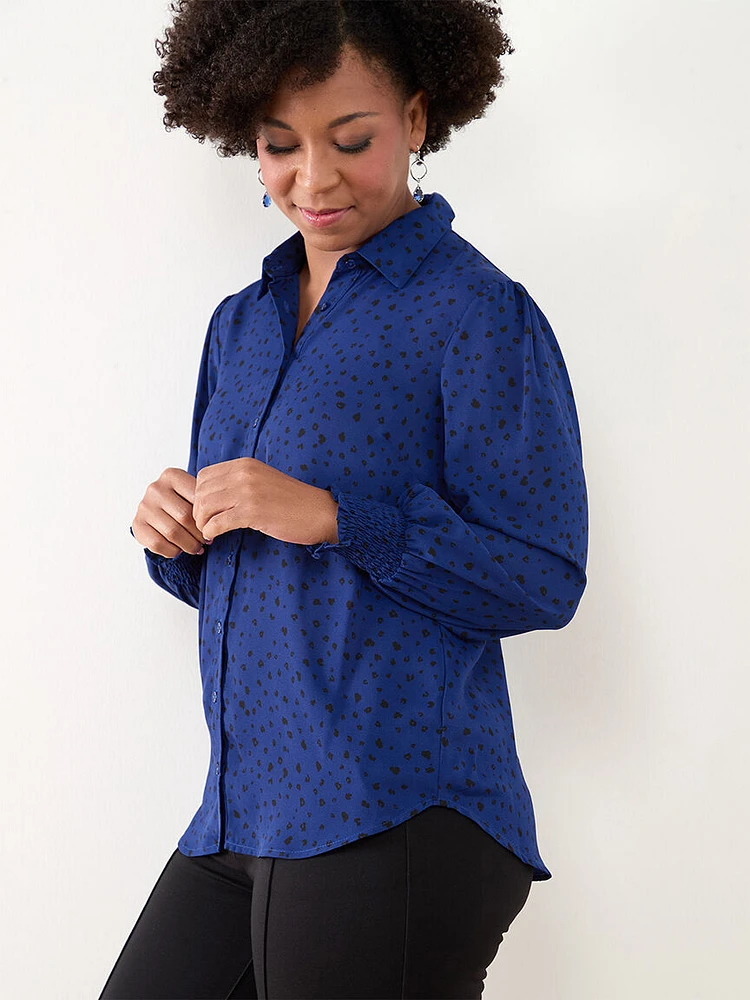 Petite Button Front Blouse with Ruched Cuffs