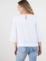 3/4 Sleeve Linen Blend Top with Crochet Inset