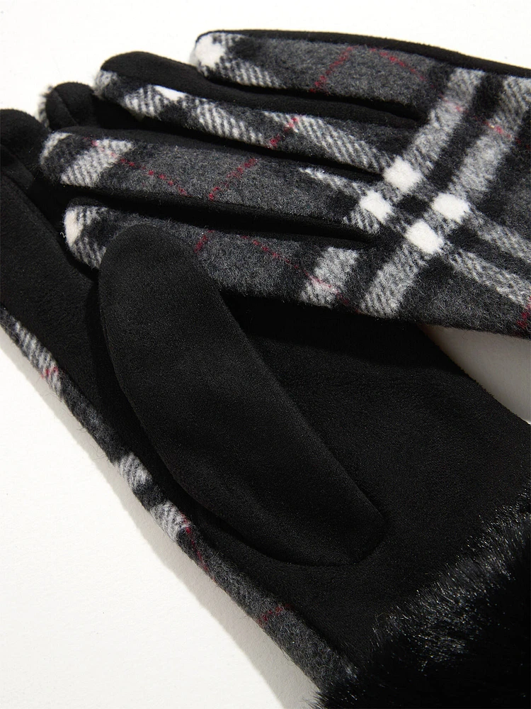 Faux Fur Trim Plaid Gloves