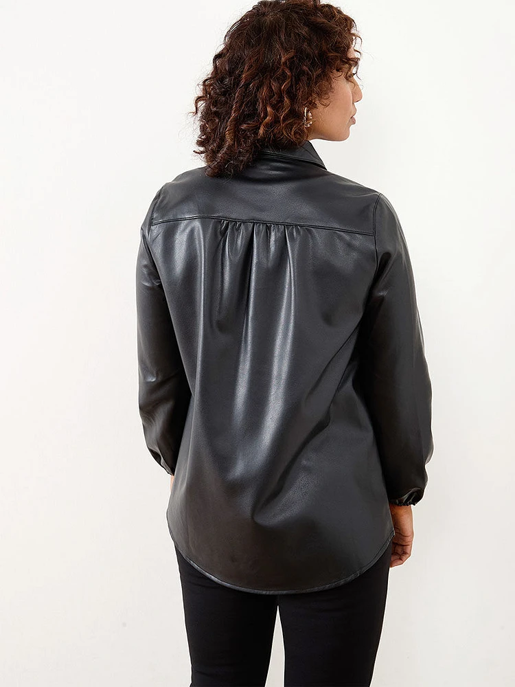 Petite Vegan Leather Shirt Jacket