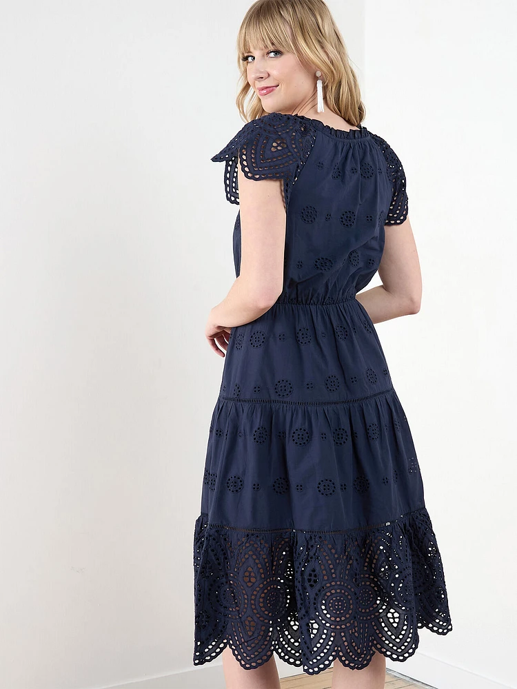 Short Sleeve Cotton Eyelet Midi Dress