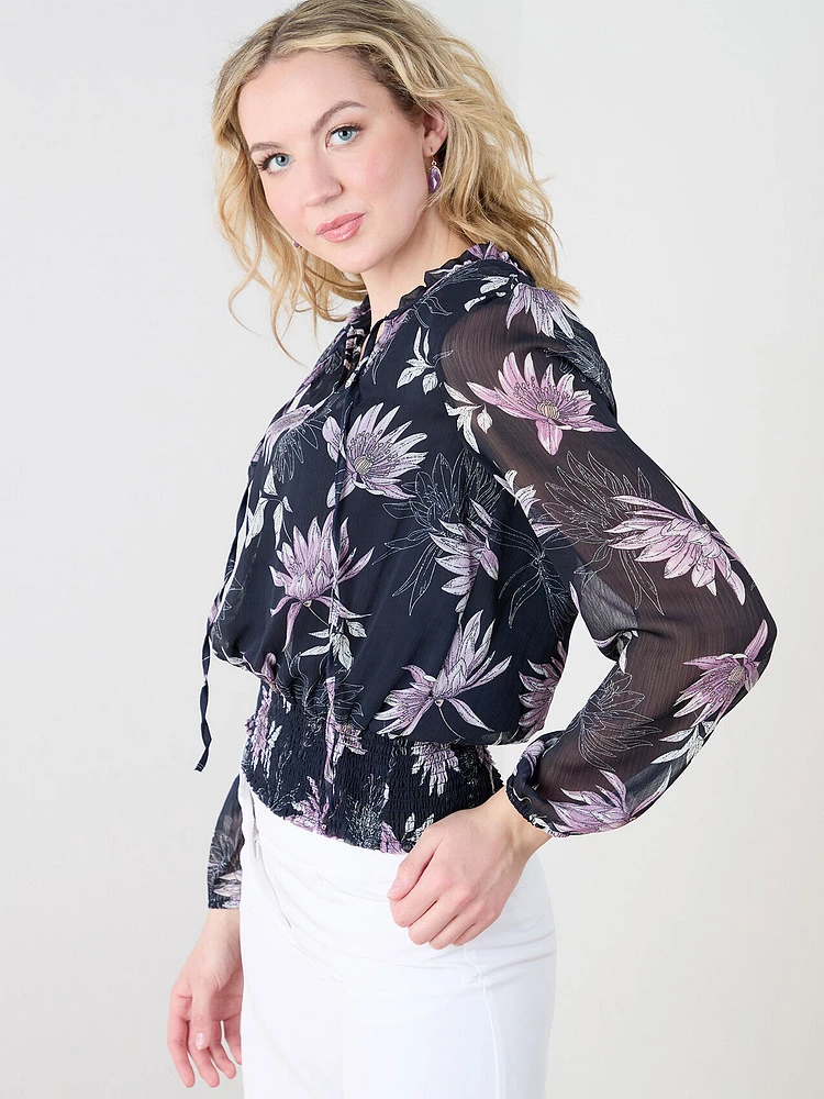 Long Sleeve Chiffon V-neck Blouse