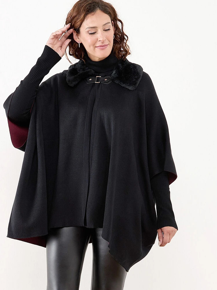 Open Poncho Sweater with Removable Fur Trim