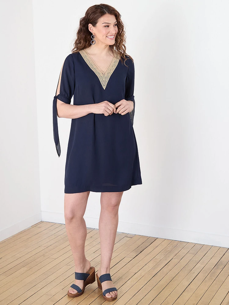 Crepe de Chine Knee-Length Dress with Tie Sleeves