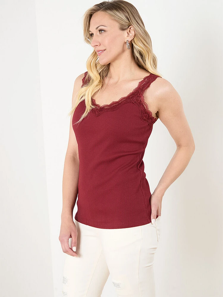 Cotton Ribbed Tank Top with Lace Trim