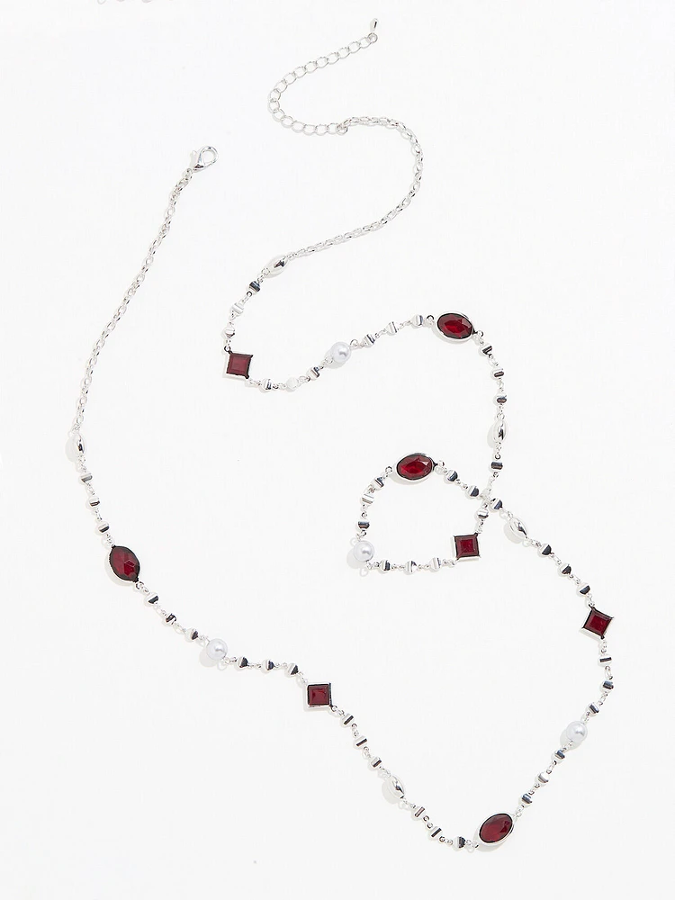 Long Silver Necklace with Cranberry Gems