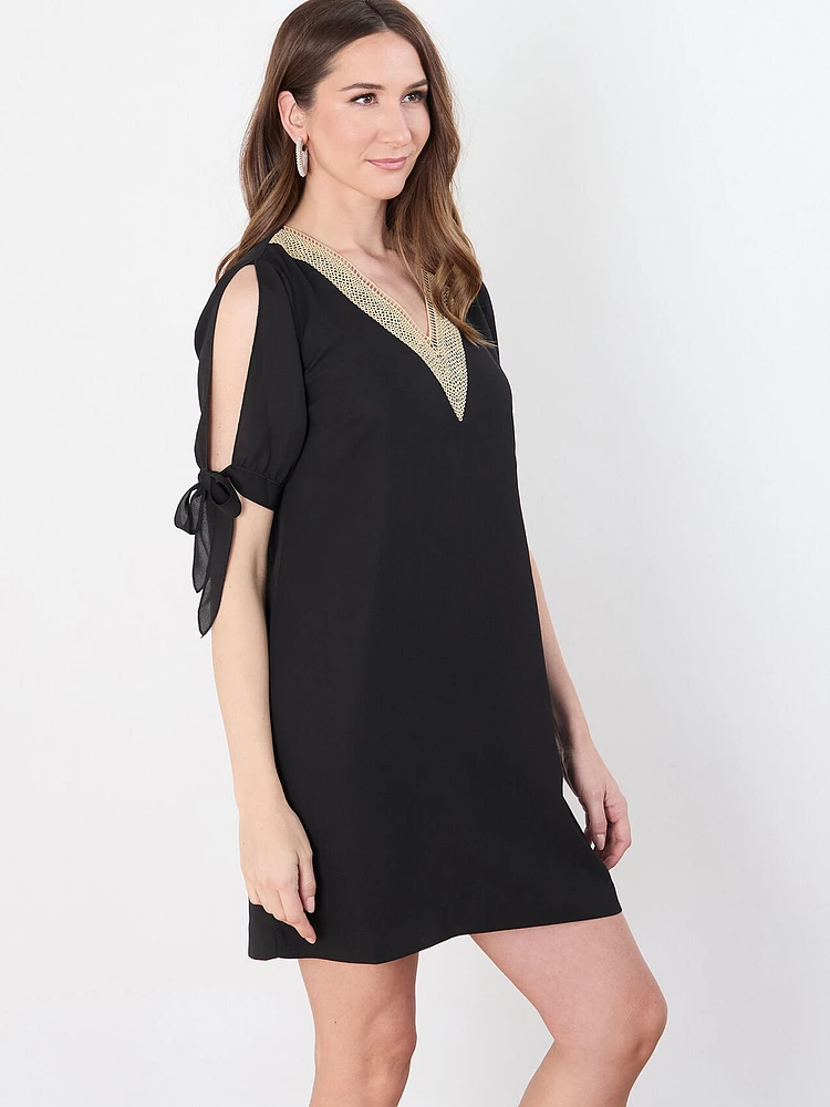 Crepe de Chine Knee-Length Dress with Tie Sleeves