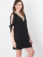 Crepe de Chine Knee-Length Dress with Tie Sleeves