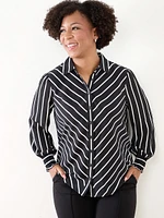 Petite Button Front Blouse with Ruched Cuffs