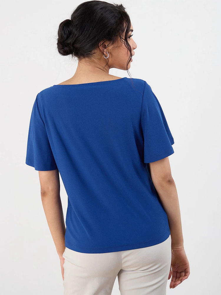 Petite Short Flutter Sleeve Stretch Crepe Top