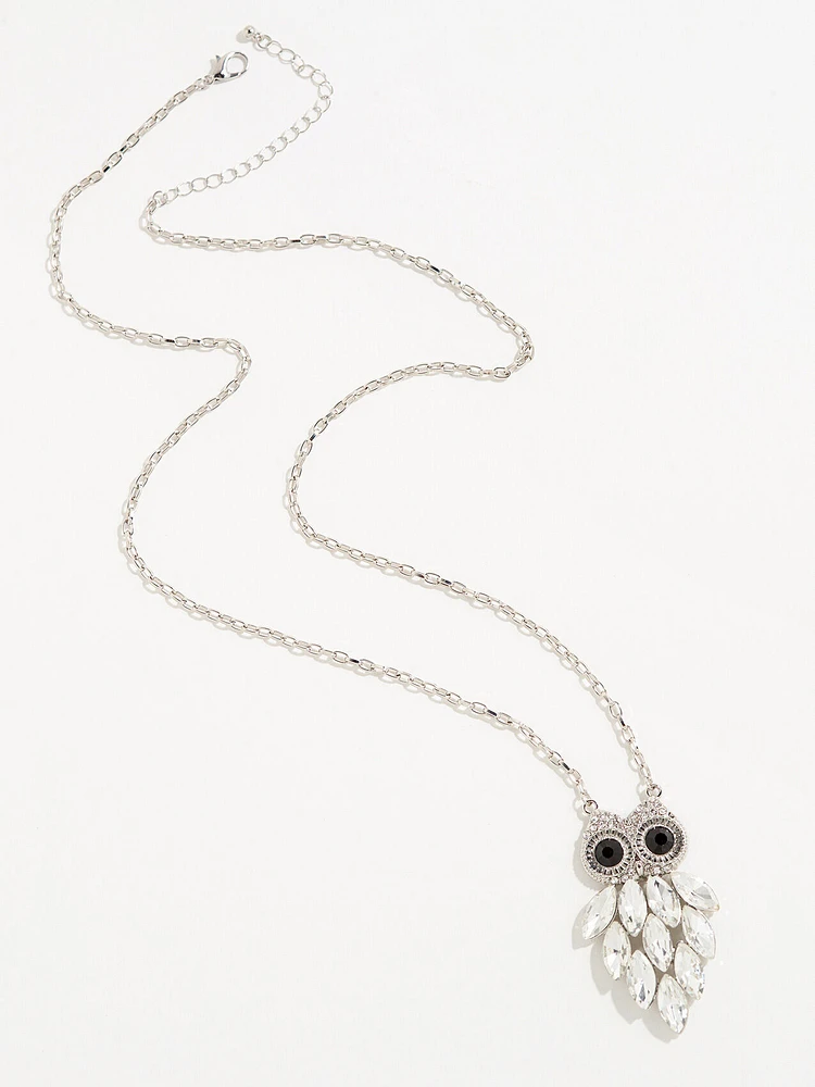 Owl Pendant Silver Long Necklace