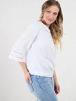 3/4 Sleeve Linen Blend Top with Crochet Inset