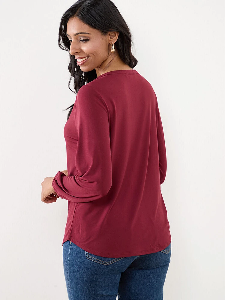 Petite Long Sleeve Relaxed Y-Neck Knit Top