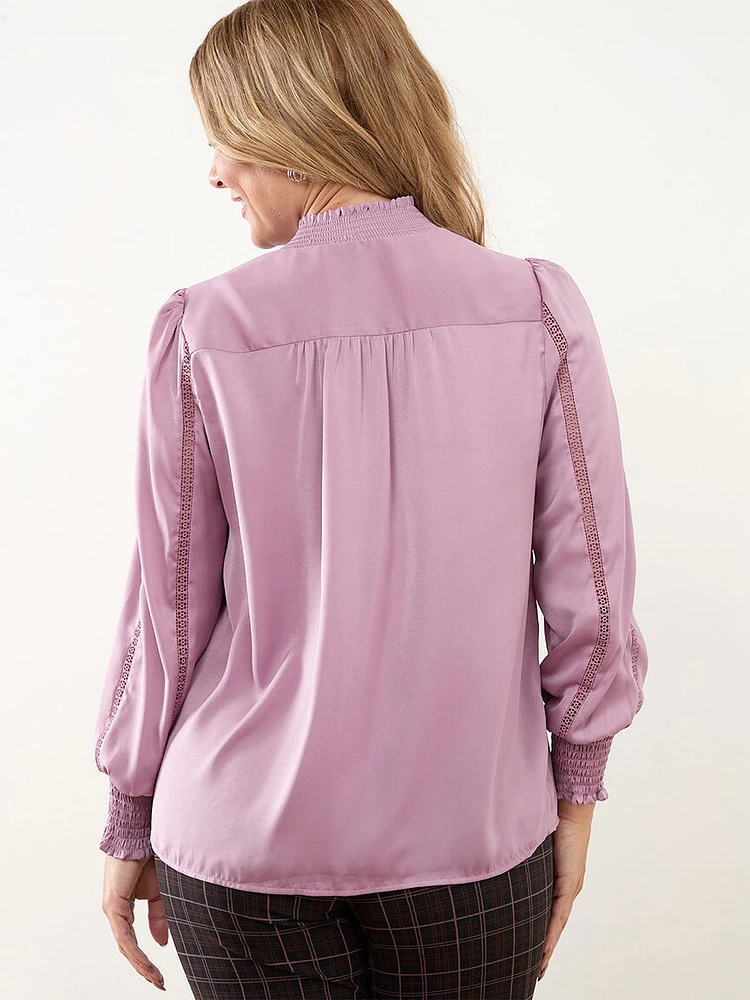 Petite Long Sleeve Silky Blouse with Crochet Lace Trim